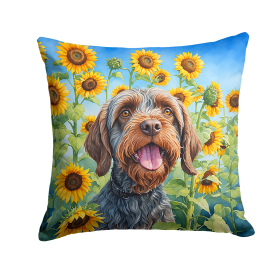 Wirehaired Pointing Griffon in Sunflowers Throw Pillow