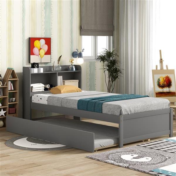 Twin Bed with Trundle,Bookcase,Grey Twin Bed with Trundle,Bookcase,Grey
