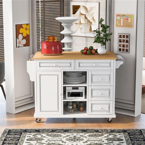 Kitchen cart with Rubber wood desktop rolling mobile kitchen island with storage and 5 draws 53 Inch length(White) Kitchen cart with Rubber wood desktop rolling mobile kitchen island with storage and 5 draws 53 Inch length(White)