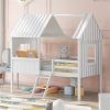 Twin Size Low Loft Wood House Bed with Two Side Windows (White)